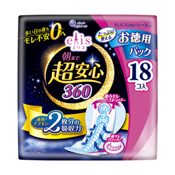 大王製紙 エリス 朝まで超安心360 特に多い日の夜用 羽つき 18枚